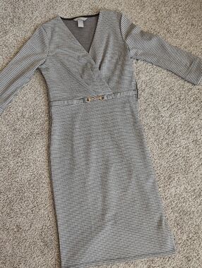 H&M Black and White Houndstooth Wrap-Style Long Sleeve Dress with Gold Accent